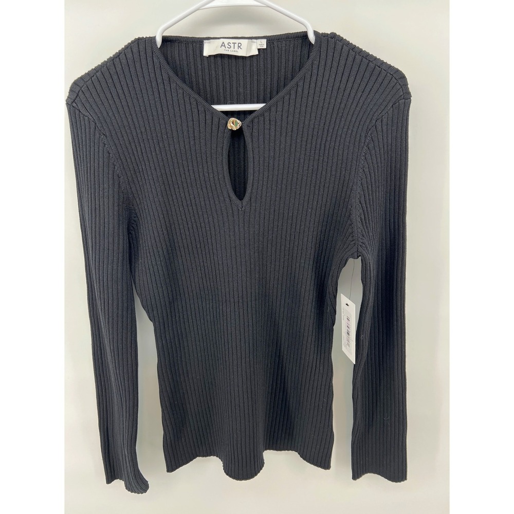 ASTR The Label Women L Lynly Sweater Black Ribbed Keyhole Gold Button Minimalist